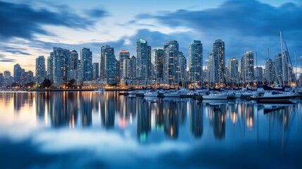 Naklejka premium The reflection of a cityscape in a calm harbor