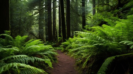 The lush greenery of a ferncovered forest
