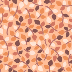 Flat scandinavian leaves seamless pattern. Cute twigs with warm tones isolated on orange background. Seamless Pattern. Vector illustration.