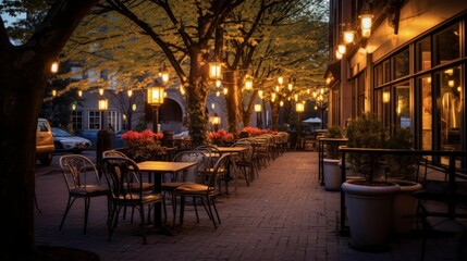 The warm glow of cafe lights at twilight