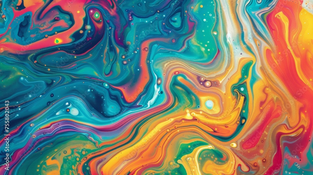 Poster vibrant liquid swirl patterns with luminous colors and abstract design elements