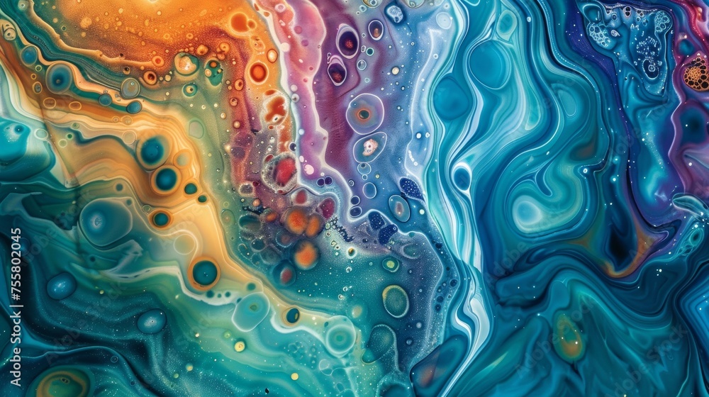 Poster vibrant liquid swirl patterns with luminous colors and abstract design elements