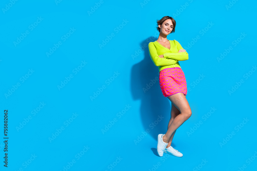 Sticker Full body length photo stunning young woman near empty space banner announcement summer black friday day isolated on blue color background