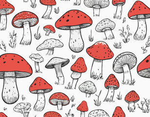Vector Hand Drawn Mushroom With Outline Icon Set Isolated. Amanita Muscaria, Fly Agaric Scetch, Doodle, Linear Sign Collection. Magic Mushroom Symbol, Design Template. Vector illustration

