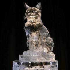 Ice carving of a cat sitting regally on a pedestal