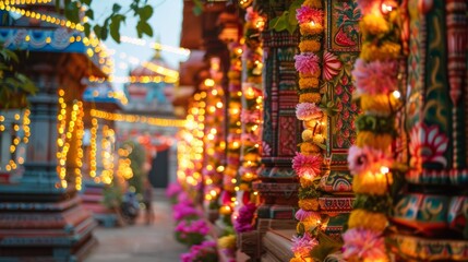 Festive Temple Decor with Lights and Floral Garlands During an Indian Ceremony - obrazy, fototapety, plakaty