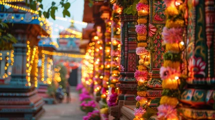 Fotobehang Festive Temple Decor with Lights and Floral Garlands During an Indian Ceremony © pkproject