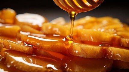 A closeup of honey being drizzled on apple slices - obrazy, fototapety, plakaty