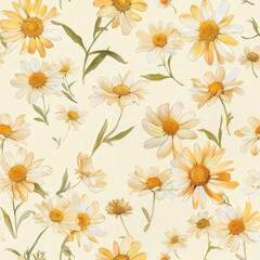 Seamless summer pattern of chamomile on a yellow background. The daisies are arranged chaotically.