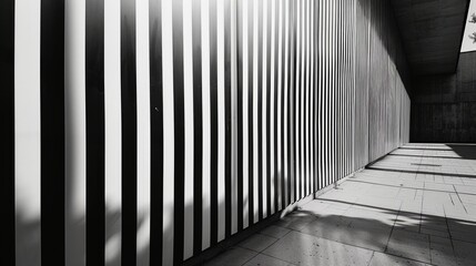 Monochrome Corridor with Shadows and Light Creating Geometric Patterns