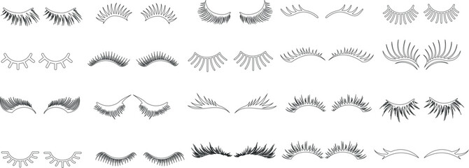 diverse eyelash styles collection. Hand drawn eyelashes, Perfect for beauty, makeup, cosmetics, personal care. Natural to decorative, upper and lower lashes