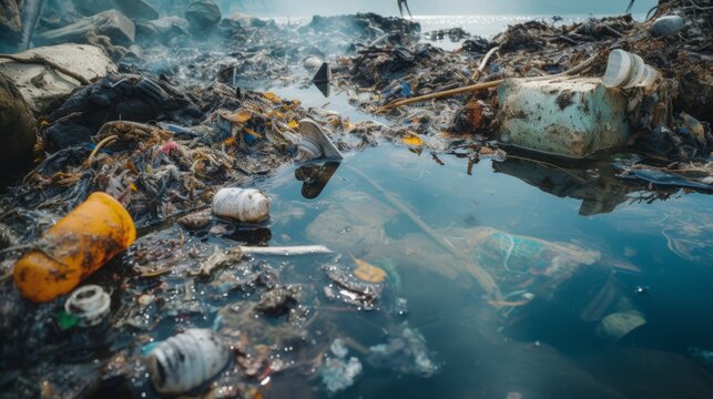 A closeup of polluted water with visible oil sheens, floating debris, trash, and pollution