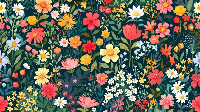 Vibrant Floral Pattern Illustration with an Assortment of Colorful Flowers