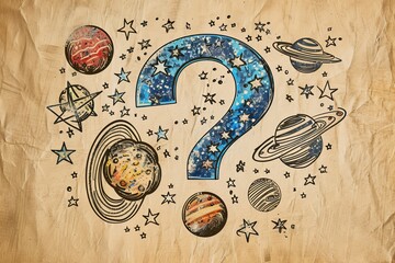 Faq Question mark with stars, planets, and celestial bodies, symbolizing the vastness of questions and the infinite possibilities for exploration - obrazy, fototapety, plakaty