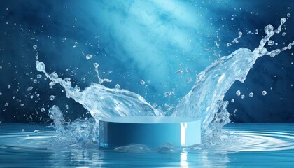  3d cosmetic background. podium with abstract water splash blue background for banner, product or cosmetics presentation 