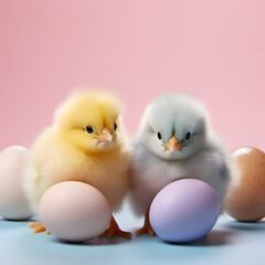 A beautiful pair of chickens and eggs around them. Pastel pink blue background. Minimal concept.