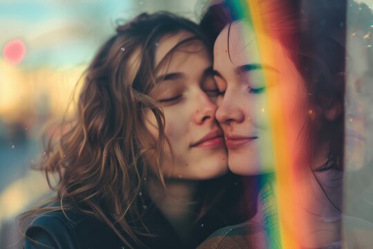 two lesbians, rainbow on the background, photo,