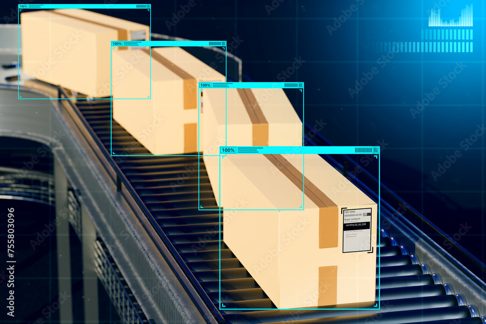 Wall mural machine vision in warehouse. boxes travel along conveyor belt. machine vision lines near parcels. bo