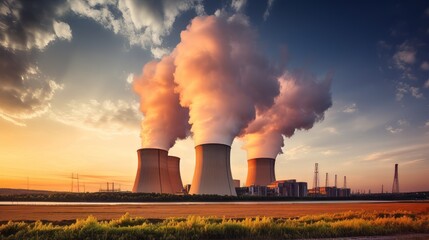 A nuclear power plant at sunset with a dramatic sky - obrazy, fototapety, plakaty