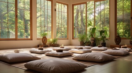 A peaceful zen meditation hall with cushions for practitioners