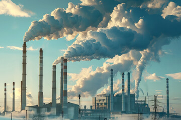 Industrial Chimneys Emitting Dense Smoke. Air pollution and environmental issues concept - obrazy, fototapety, plakaty