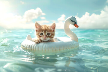 Curious Ginger Kitten Enjoying a Calm Swim on a White Swan Inflatable