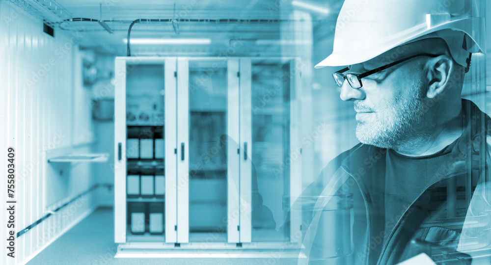Poster man near server cabinet. automation equipment in factory. server cabinet inside storage room. man sy