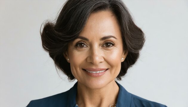 Beautiful gorgeous 50s mid aged mature woman looking at camera isolated on white