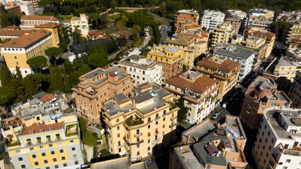Aerial view of houses and buildings in the Parioli district in Rome, Italy. Located in the city...