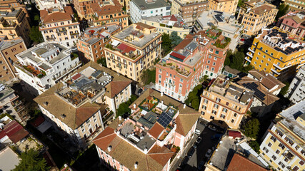 Aerial view of houses and buildings in the Parioli district in Rome, Italy. Located in the city...