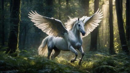 Obraz na płótnie Canvas A majestic pegasus, its wings outstretched in a mystical forest setting