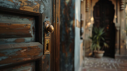 Ancient wooden door with old door handle and door lock