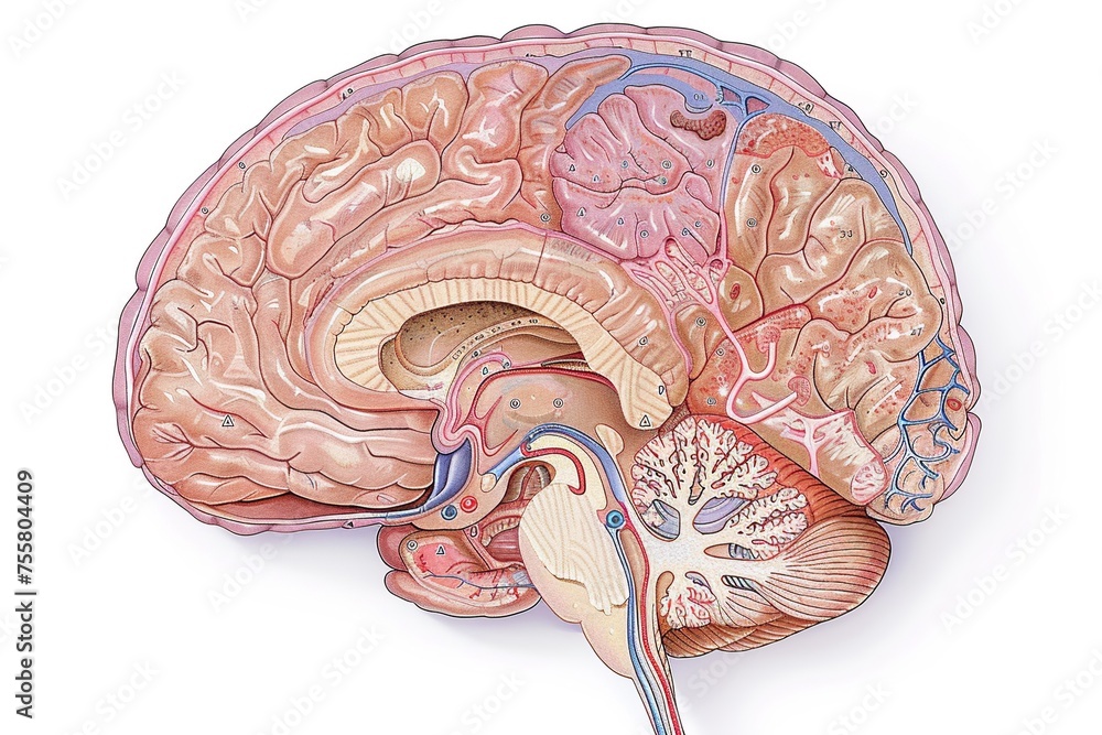 Poster this detailed illustration showcases the brain's limbic system, focusing on the amygdala, hippocampu
