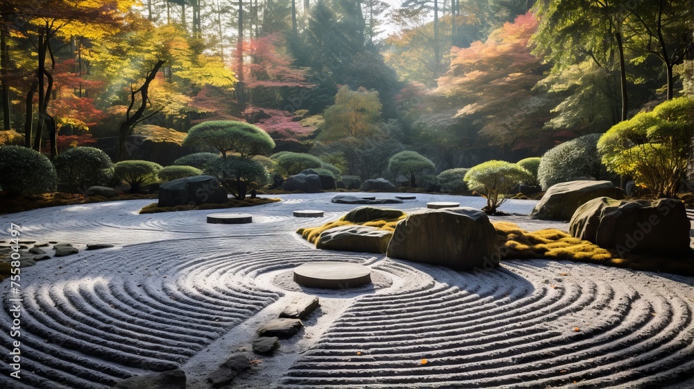 Poster a zen garden with patterns that encourage reflection and equilibrium