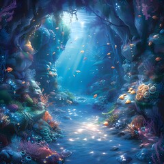 Mermaid Lagoon Background: Underwater caves, shimmering seashells, and graceful mermaids create a dreamy underwater paradise.