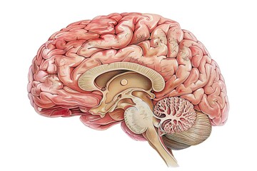 This detailed illustration showcases the brain's limbic system, focusing on the amygdala, hippocampus, and parts of the limbic cortex. Each structure is subtly color-coded to highlight  - obrazy, fototapety, plakaty