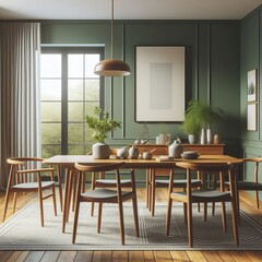 Embrace Modern Elegance: A Captivating Image of Scandinavian Mid-Century Dining Room Interior Design, Featuring a Stylish Wooden Dining Table and Chairs Set Against a Refreshing Green Wall Background.