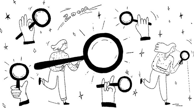 A person holding a magnifying glass, Hands with magnifying glass.