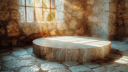 Advertised product presentation with shadows and light. Empty podiums. Mockup. background set in Advertised product display background set in a medieval castle with stone textures , bokeh , close up