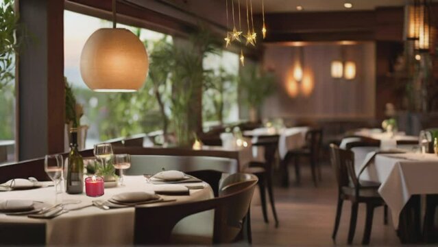 dining room in the restaurant with beautiful interior lights and decorative plants