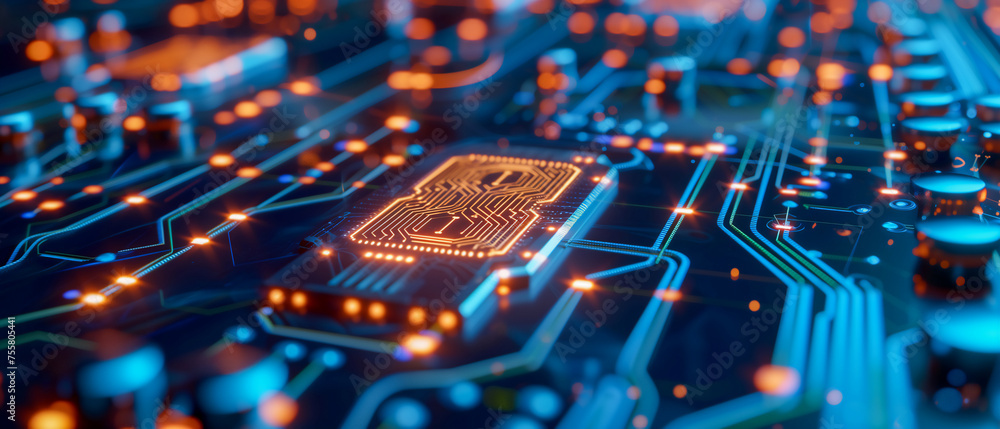 Poster close up of a computer chip with a glowing orange number 8 on it