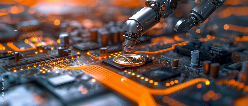 Poster robot is touching a coin on a circuit board