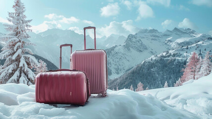 Nestled amidst a snowy panorama, a makeup artist's burgundy cosmetic bag stands out beside a rosy pink suitcase, hinting at the elegance and artistry to come.