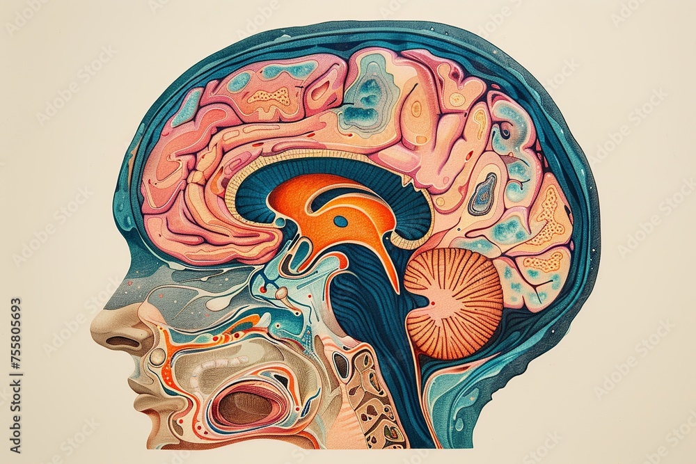 Poster this detailed illustration showcases the brain's limbic system, focusing on the amygdala, hippocampu
