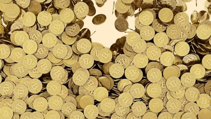 Bitcoin crypto coins falling down. Gold bitcoin cryptocurrency coins drooping and stacking.
Many golden bitcoins raining down and fill in the screen. Cryptocurrency bitcoin 4k animation.