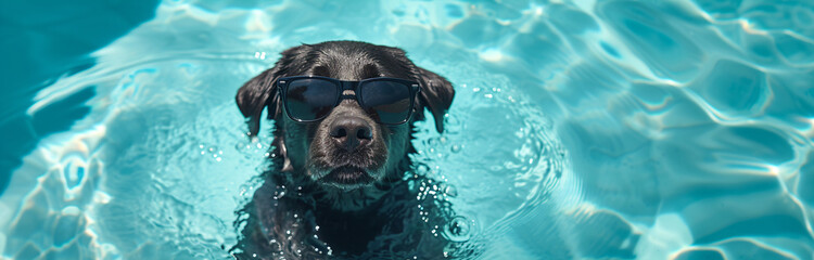 Cute funny dog wearing sunglasses and floating in a swimming pool. Happy pet swim in ocean or sea, play in the water. Travel, summer vacation, holiday concept. Creative card or banner with copy space - obrazy, fototapety, plakaty