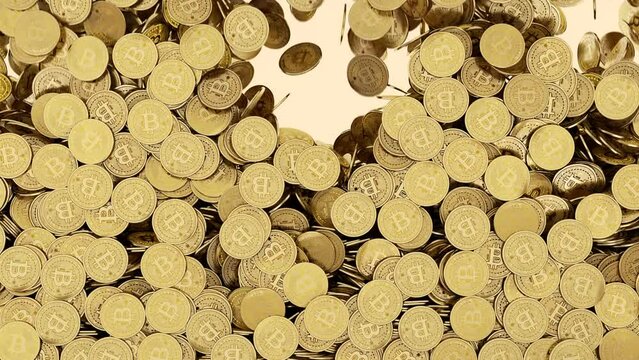 Bitcoin crypto coins falling down. Gold bitcoin cryptocurrency coins drooping and stacking.
Many golden bitcoins raining down and fill in the screen. Cryptocurrency bitcoin 4k animation.