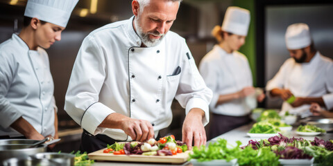 Smiling Caucasian Chef Holding Tasty Dish in Restaurant Kitchen