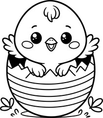 Obraz premium Poussin sort d'un oeuf de Pâques à colorier, dessin idéal pour livre et activité de coloriage enfant pendant les vacances. Dessin au trait