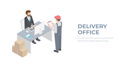 Global logistics network isometric illustration. Isometric Logistics and delivery concept. Delivery office. City logistics, courier. On-time delivery.